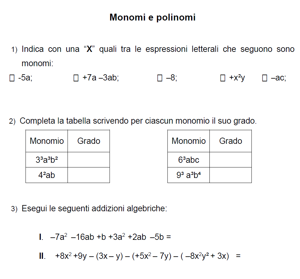 Esercizi con monomi e polinomi